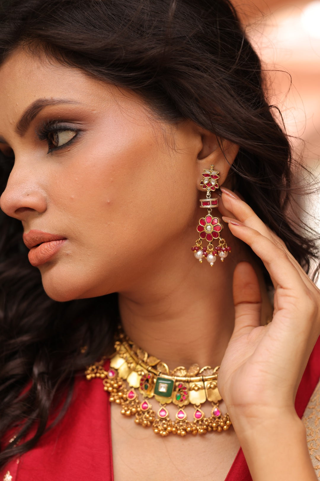 925 Silver Ruby Floral Drop Earrings