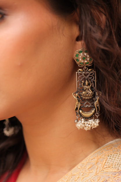 925 Silver Laxmi Temple Drop Earrings