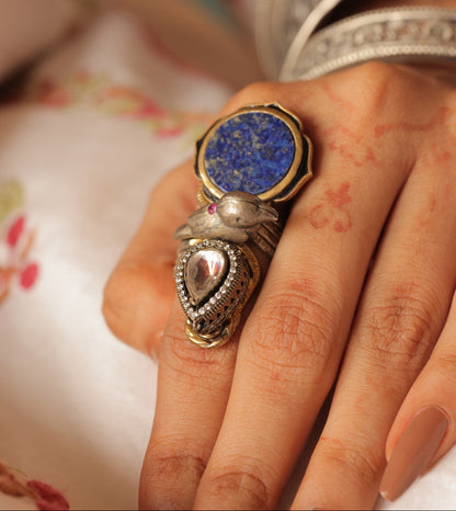 925 Silver Lapis Lazuli & Dual-Tone Fish Motif Statement Ring