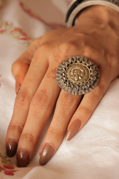 925 Silver Antique Ganesha & Marcasite Statement Ring