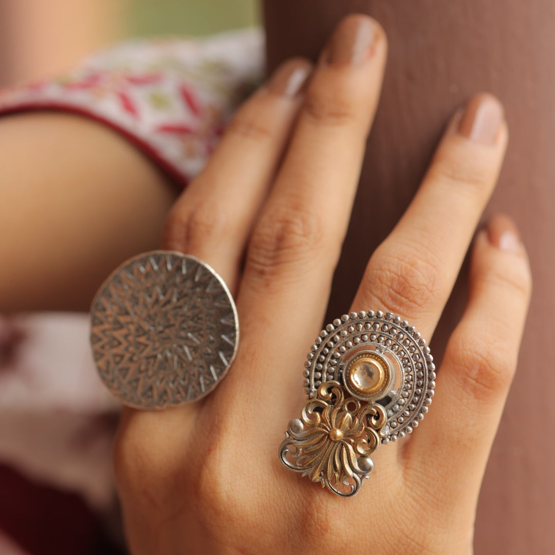 925 Silver Dual-Tone Filigree & Granulated Statement Ring