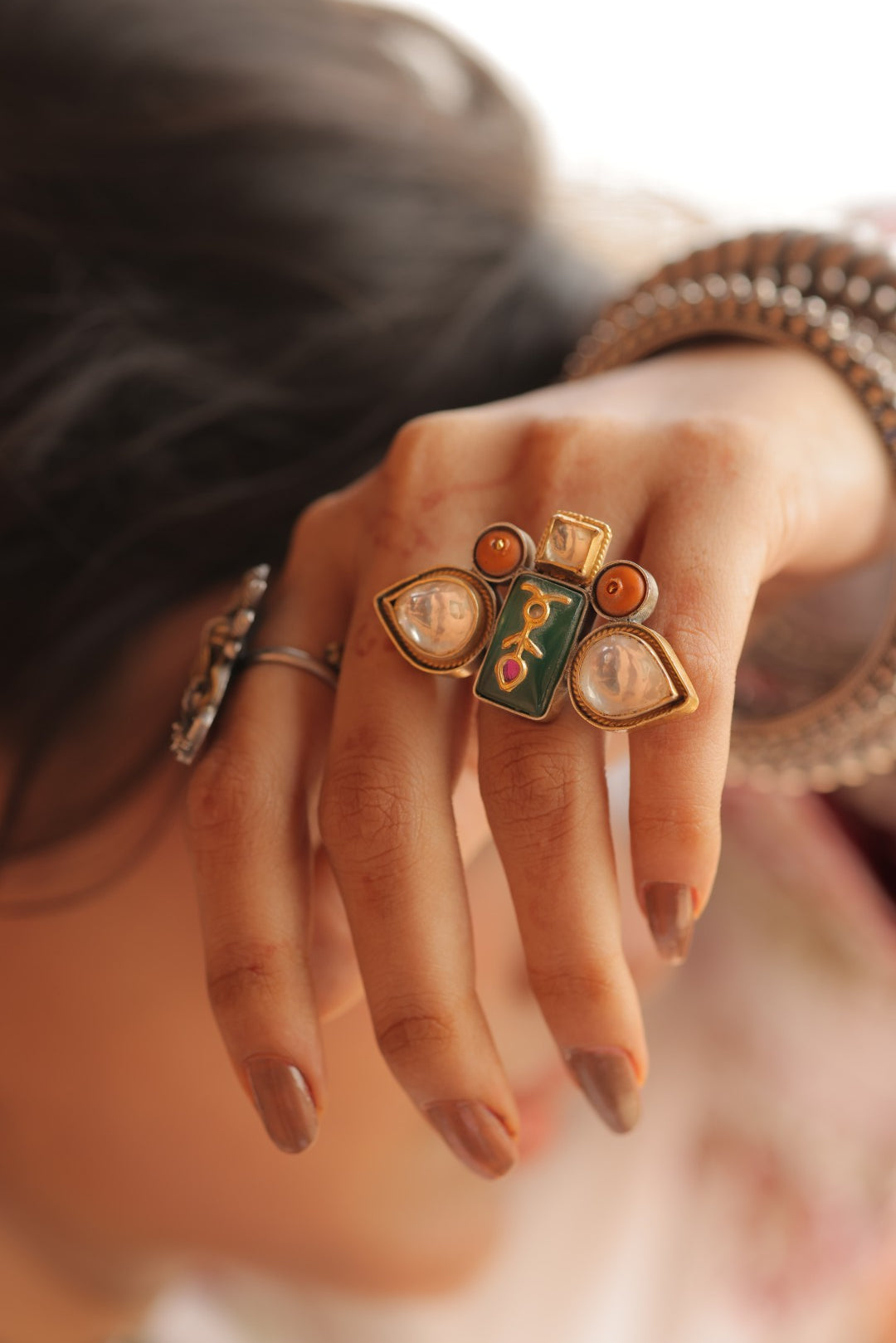 925 Silver Dual-Tone Kundan & Enamel Tribal Ring