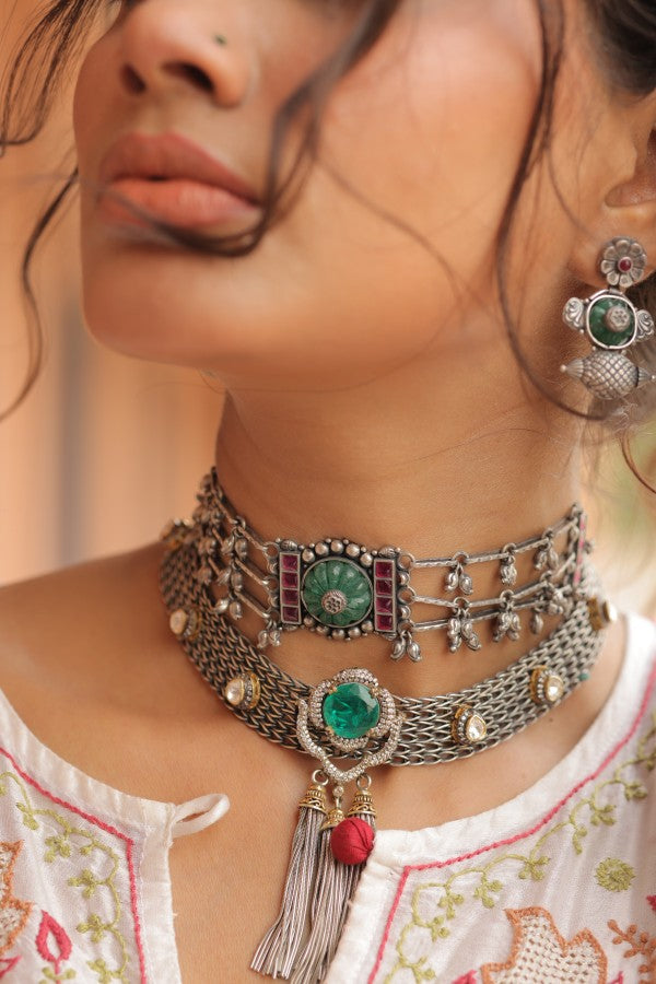925 Silver Emerald Tassel Mesh Choker