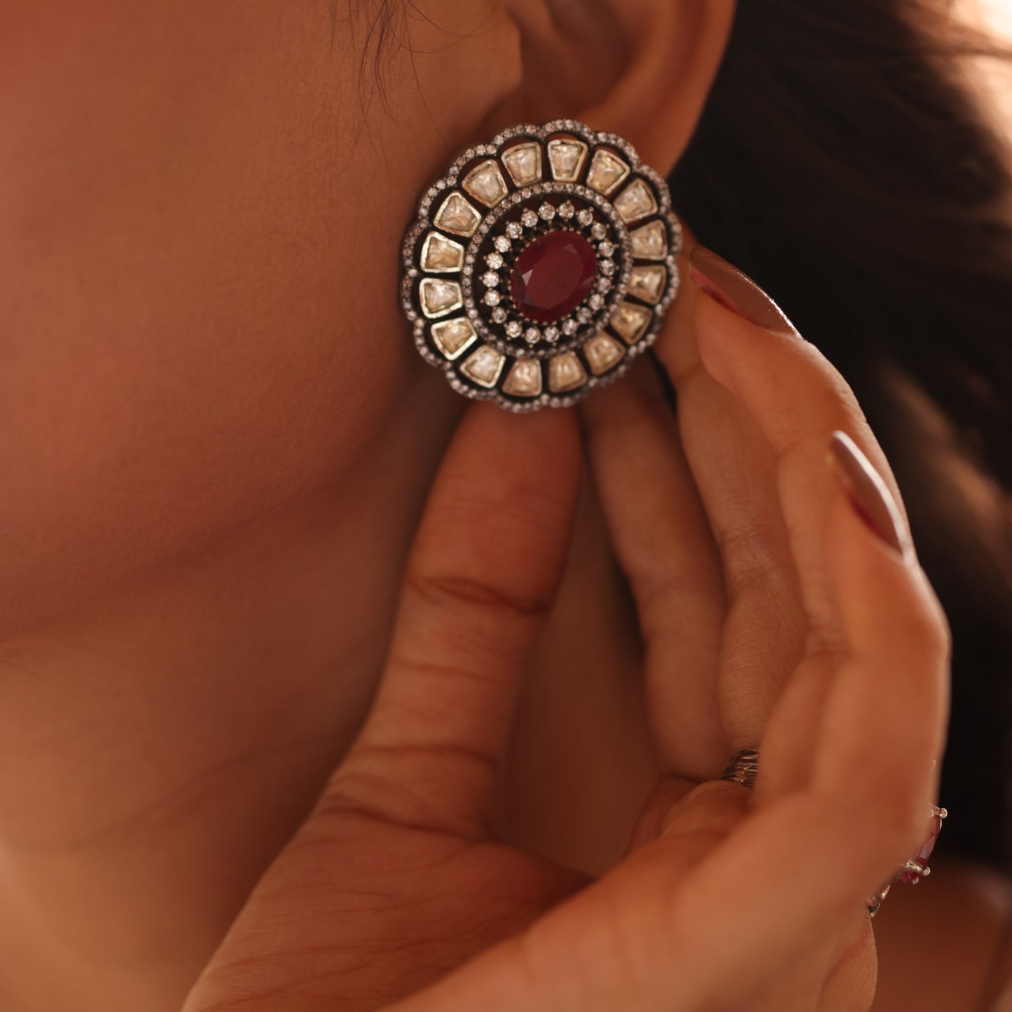 925 Silver Regal Ruby-Red & Polki Stud Earrings
