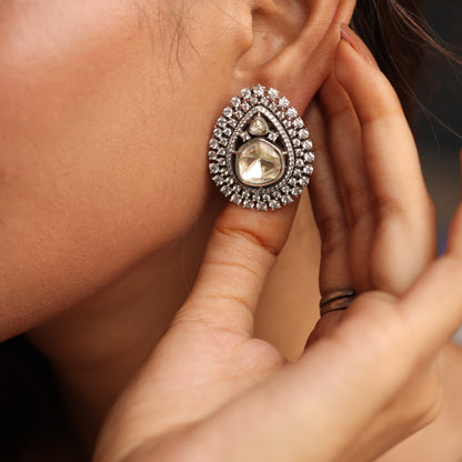 925 Silver Teardrop Polki & Marcasite Stud Earrings