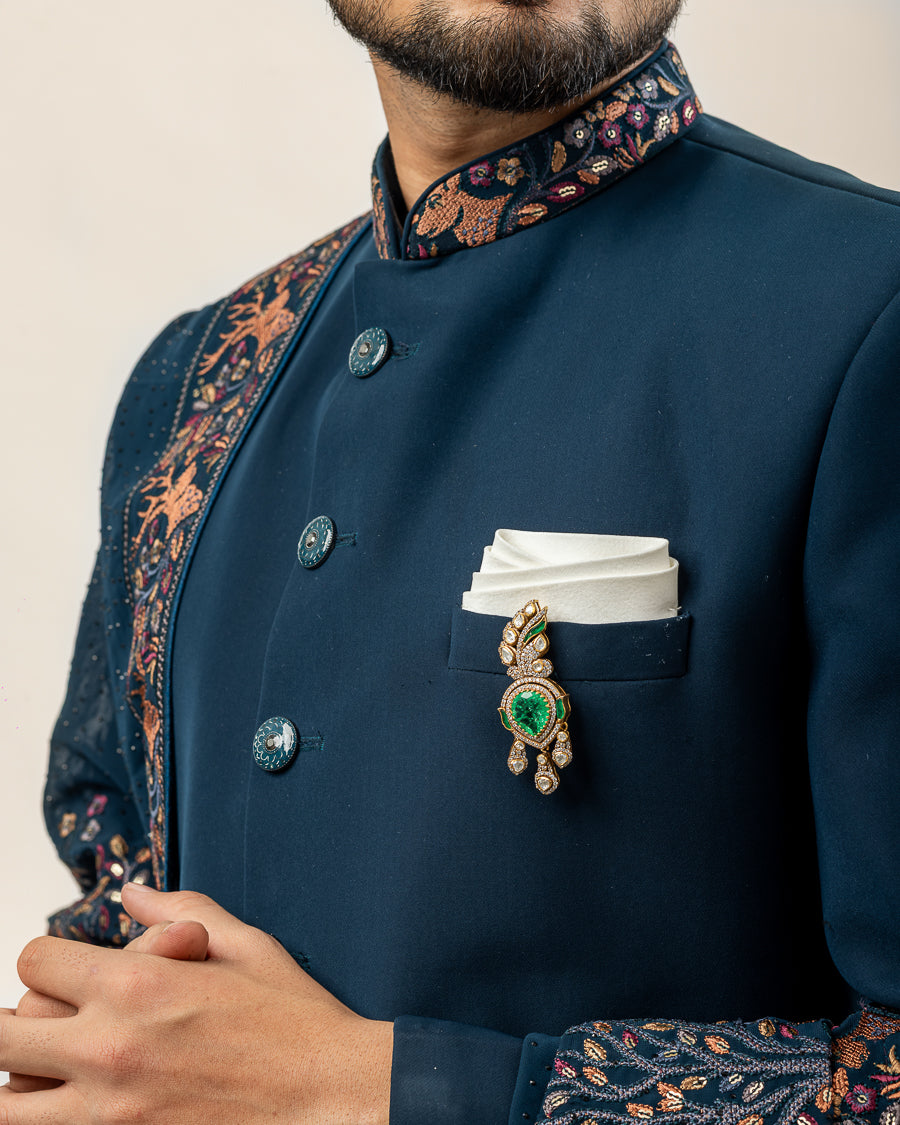 Imperial Navy & Emerald Sherwani Brooch