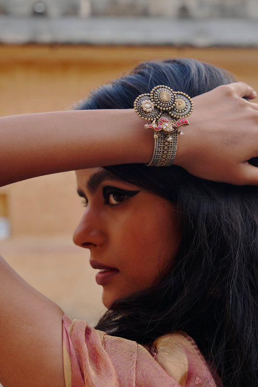 Oxidized Silver and Gold Cuff Bracelet with Rubies, Pearls, and Kundan Accents
