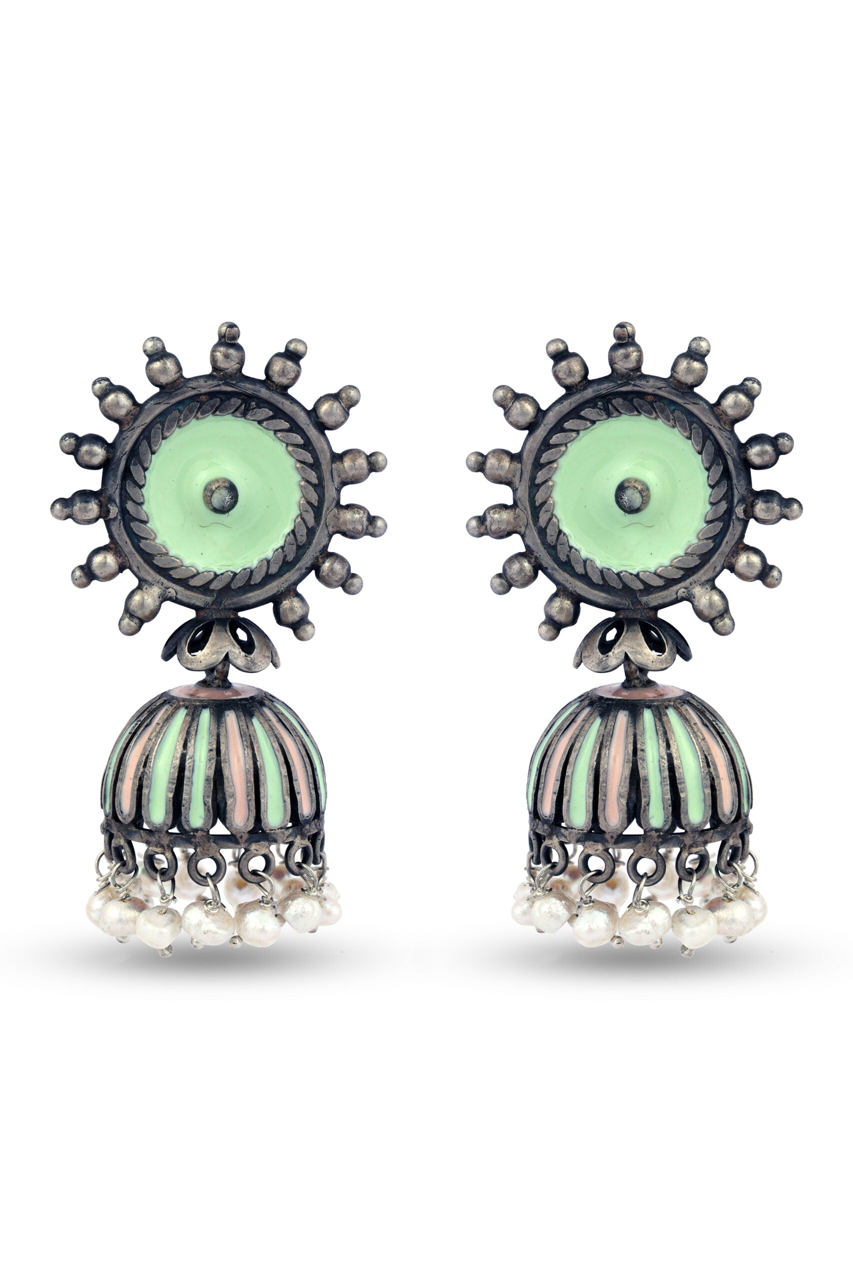 Pink & Green Silver Dome Shaped Jhumkas image 0