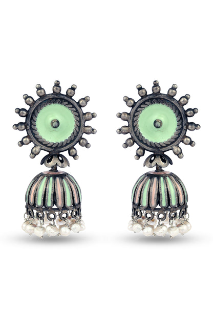 Pink & Green Silver Dome Shaped Jhumkas image 0