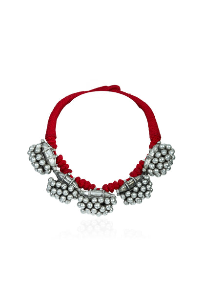 Tribal Red Thread Necklace with Oxidized Silver Bead Clusters