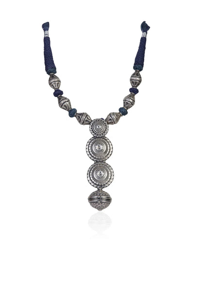 Ethnic Blue Thread & Oxidized Look Silver Necklace
