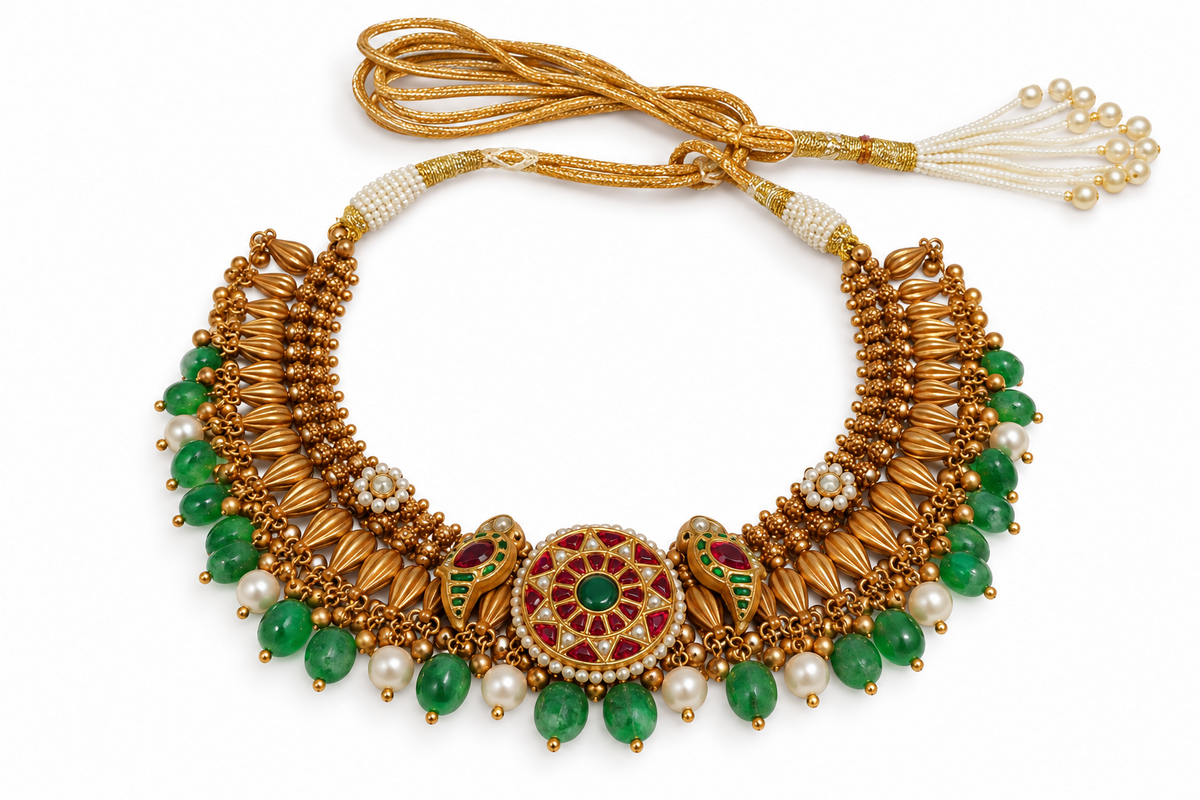 925 Silver Gold Plated Kundan & Green Bead Necklace