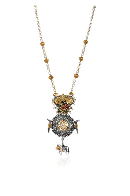 Divine Nandi & Bird Motif Pearl & Gold Bead Necklace