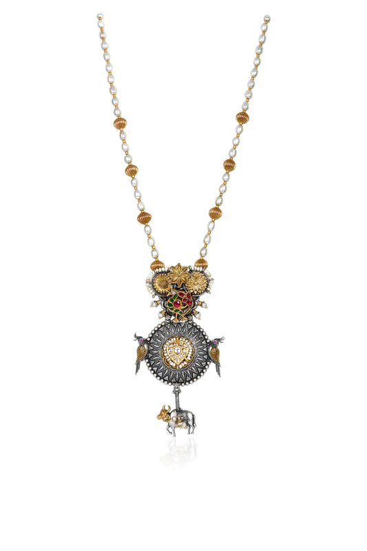 Divine Nandi & Bird Motif Pearl & Gold Bead Necklace