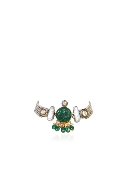 Regal Carved Emerald & Polki Pearl Choker with Green Drops