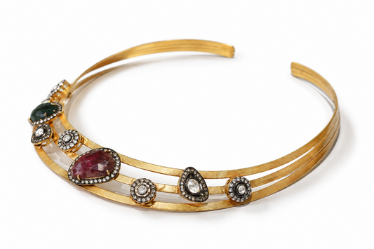 925 Silver Gold Plated Multi-Gemstone Hasli Collar Necklace