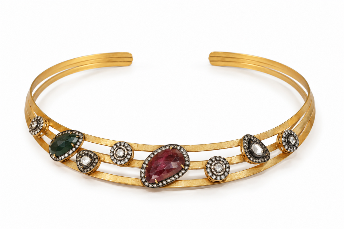 925 Silver Gold Plated Multi-Gemstone Hasli Collar Necklace
