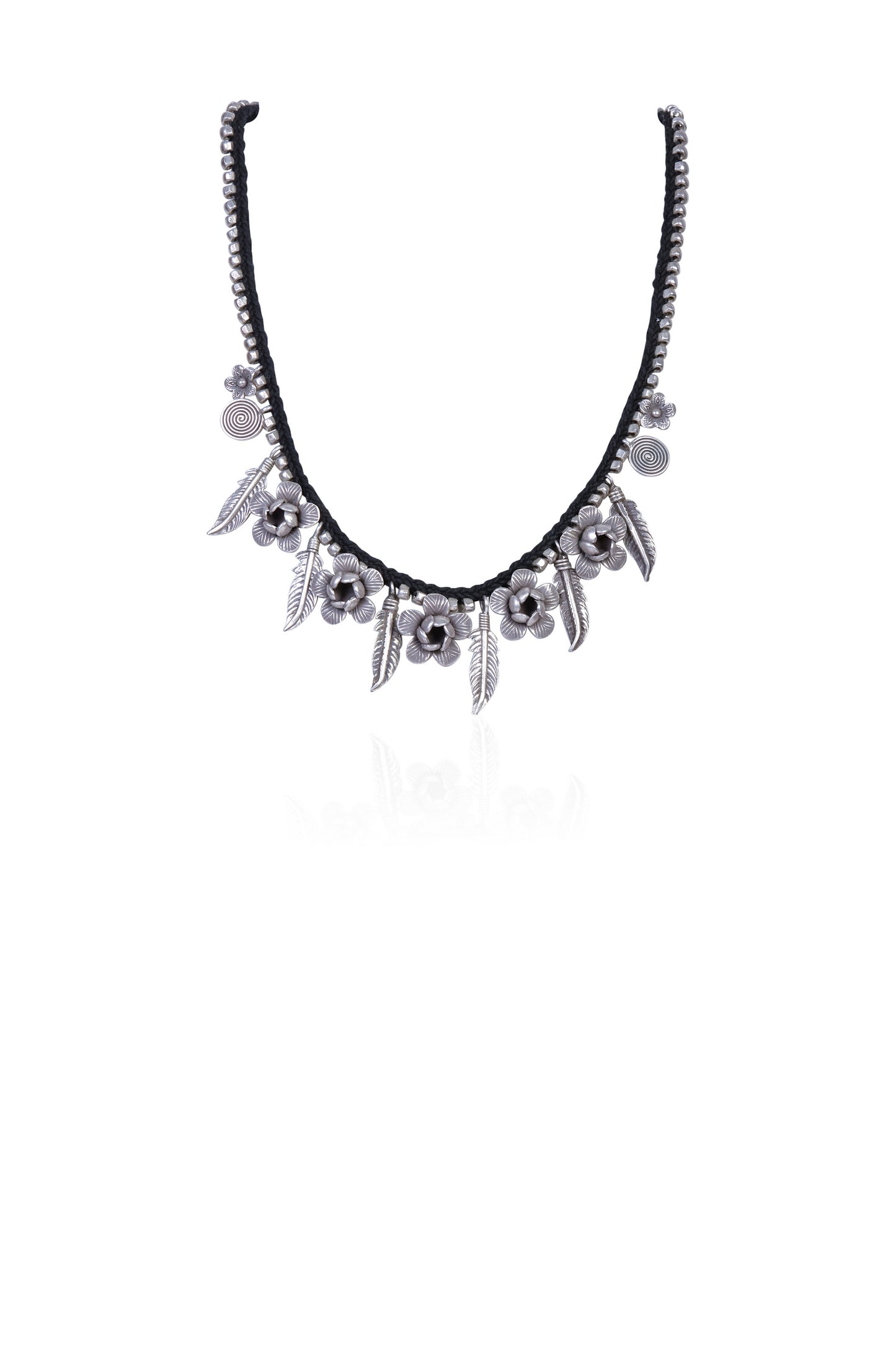Oxidized Silver Floral & Feather Charm Necklace