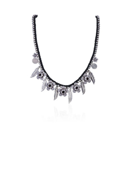 Oxidized Silver Floral & Feather Charm Necklace