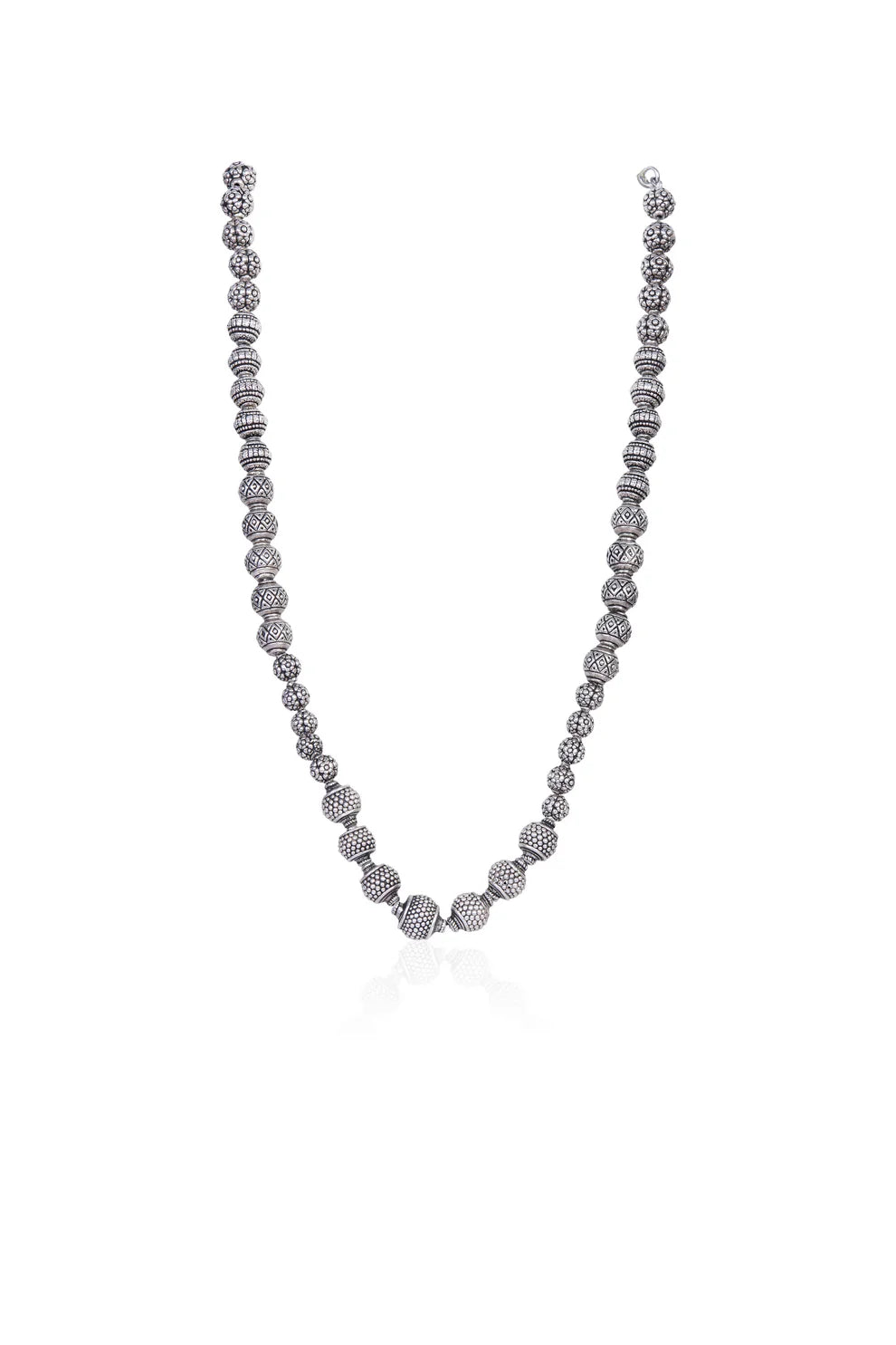 Oxidized Silver Patterned Bead Mala