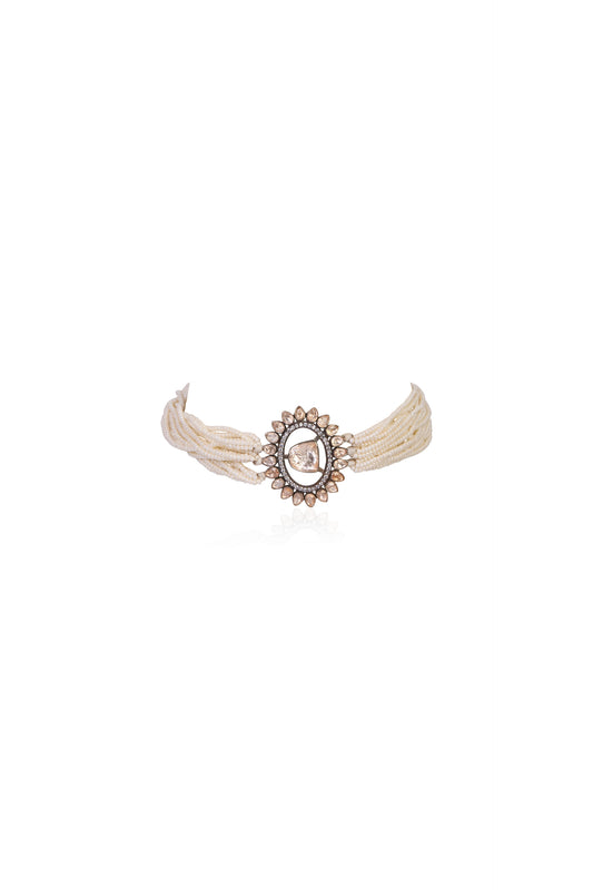 Timeless Multi-Strand Pearl Choker with Central Gemstone Pendant