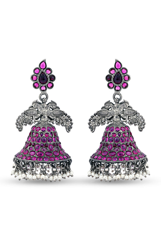 Amethyt Studded Sterling Silver Earrings Traditional Jhumki With Pearl Beads image 0