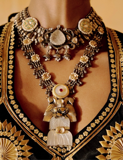 Two-Tone Silver and Gold Long Necklace with Pearls, Ruby, and Bird Motifs