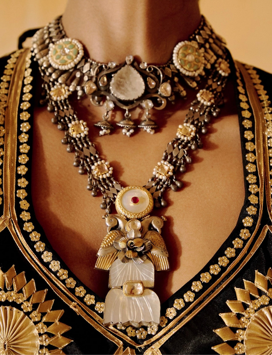 Two-Tone Silver and Gold Long Necklace with Pearls, Ruby, and Bird Motifs