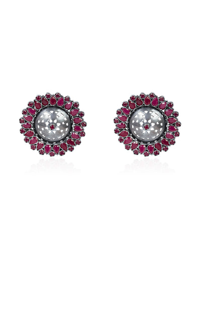 925 Silver Floral Stud Earrings With Ruby Stone