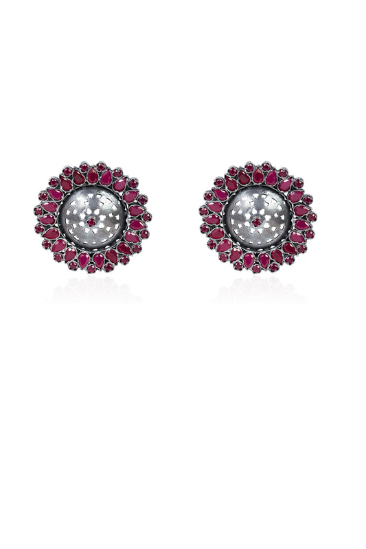 925 Silver Floral Stud Earrings With Ruby Stone