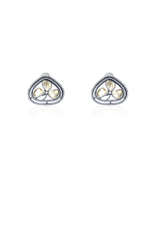 Polki Stone Oxidized Silver Triangular Stud Earrings