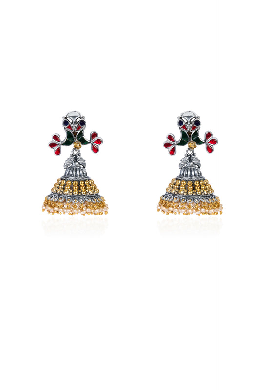 Enamel & Dual-Toned Jhumka Earrings with Pearl Drops