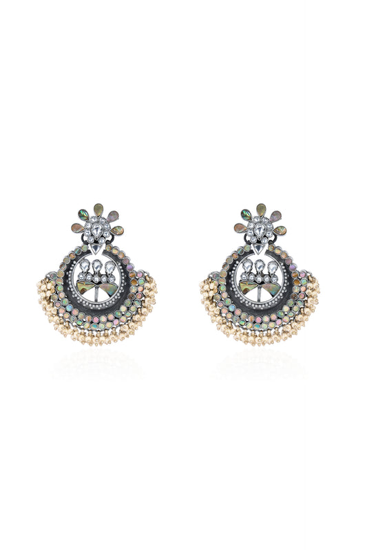 925 Silver Chandbali Earrings with Iridescent Beads & Pearls