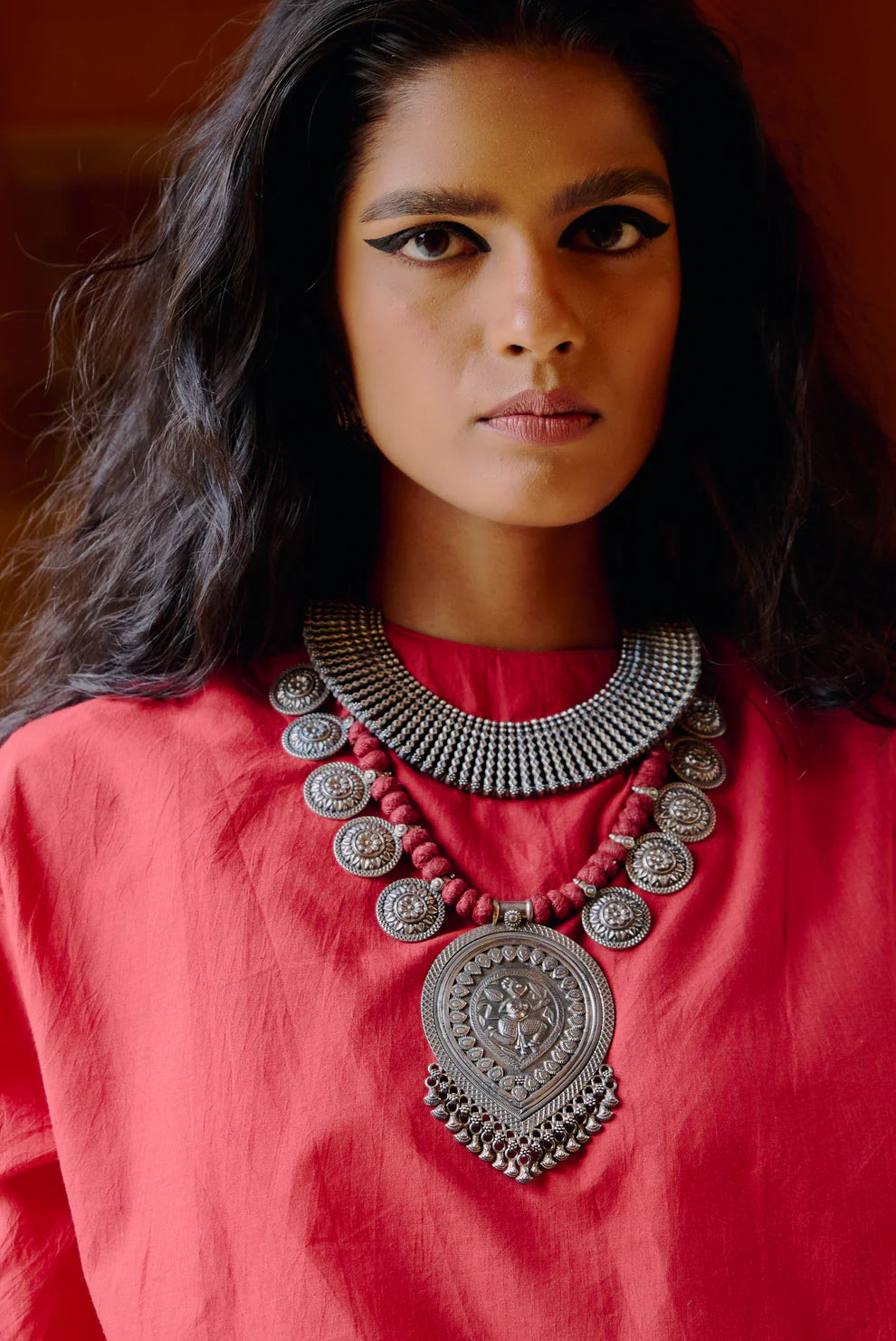 Oxidized Silver Necklace with Intricate Pendant and Red Cord