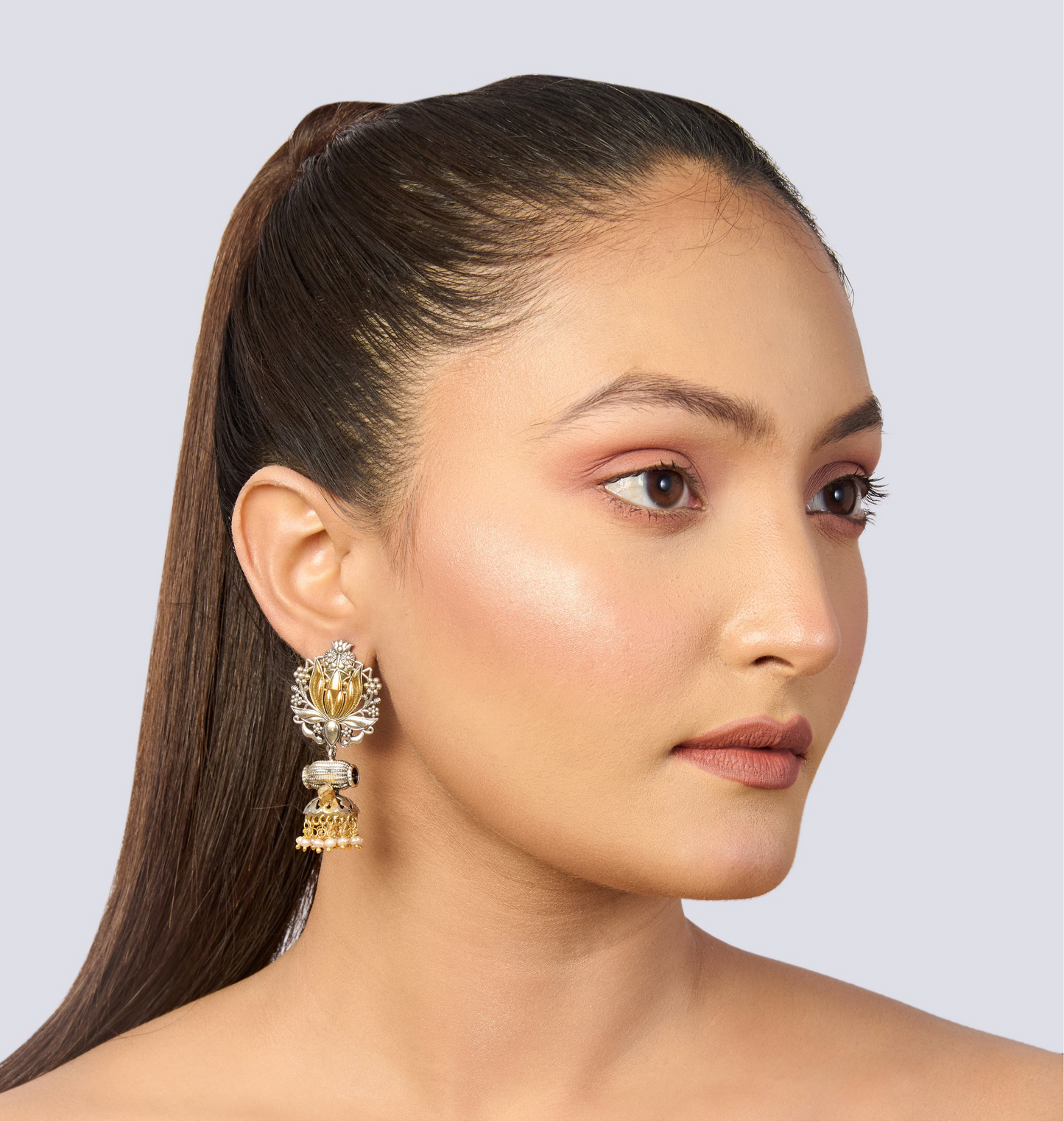 Traditional Oxidized Silver Lotus & Drum Jhumkas with Golden Accents and Pearl Dangles