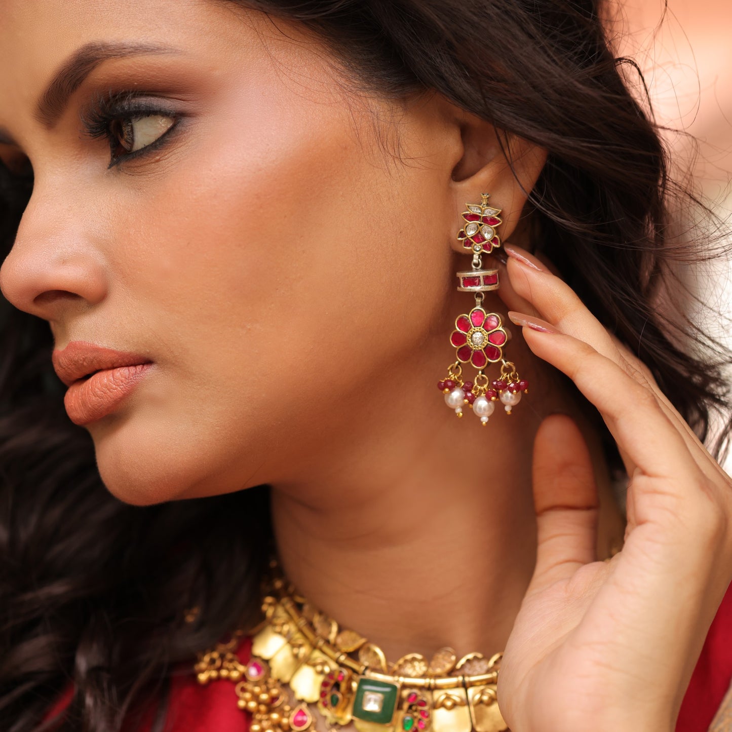 925 Silver Ruby Floral Drop Earrings