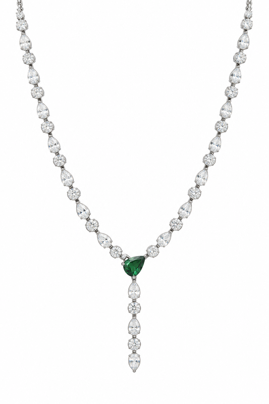 925 Silver Emerald-Green & Clear CZ Pear-Cut Y-Necklace
