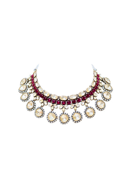 Royal Polki & Ruby Statement Necklace Set with Heritage Drop Earrings