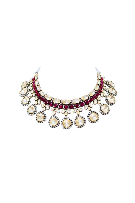 Royal Polki & Ruby Statement Necklace Set with Heritage Drop Earrings
