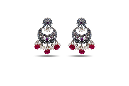 92.5 SILVER CHANDBALI EARRING WITH RUBY STONE AND PEARL image 2