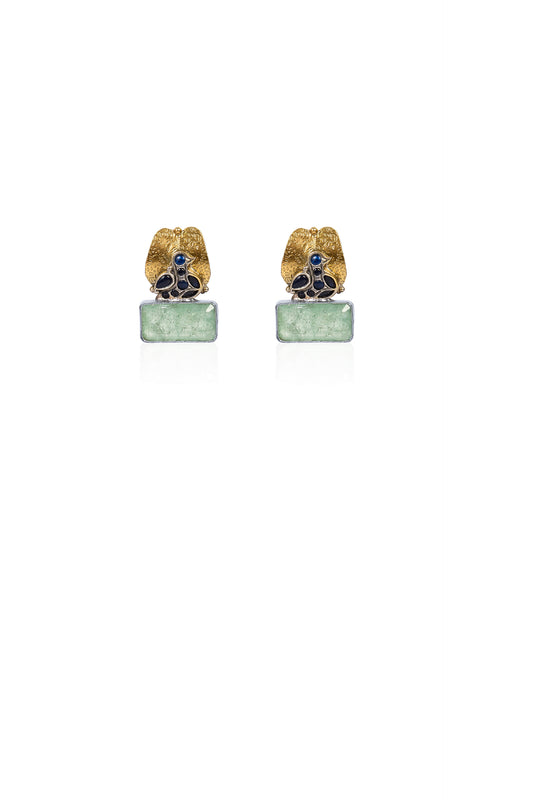 Bird Design Gold-Toned & Green Stone Drop Earrings