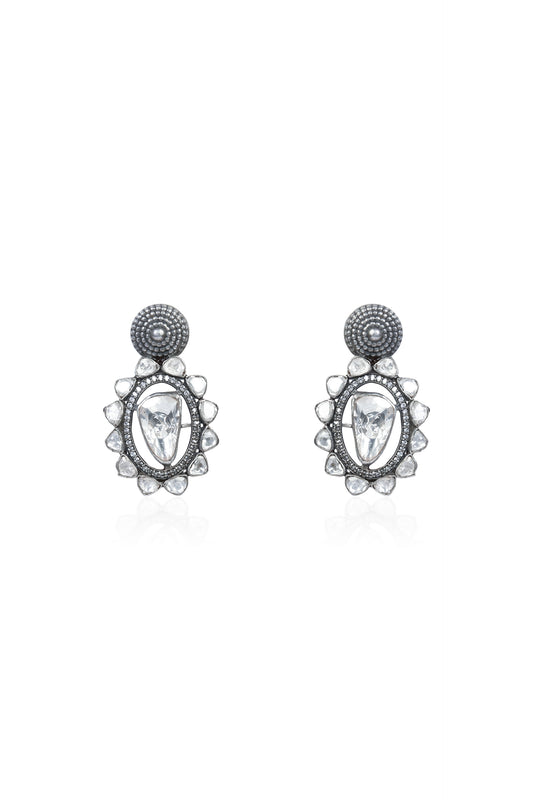 Polki & Zircon Oxidized Silver Drop Earrings