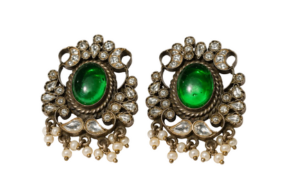 925 Silver Green Stone Polki Studs
