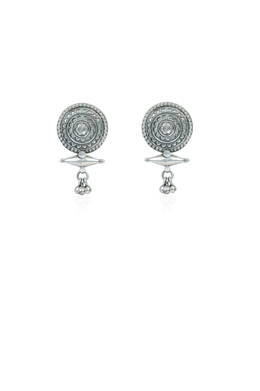 925 Silver Mandala Stud Earrings with Ghungroo Drops