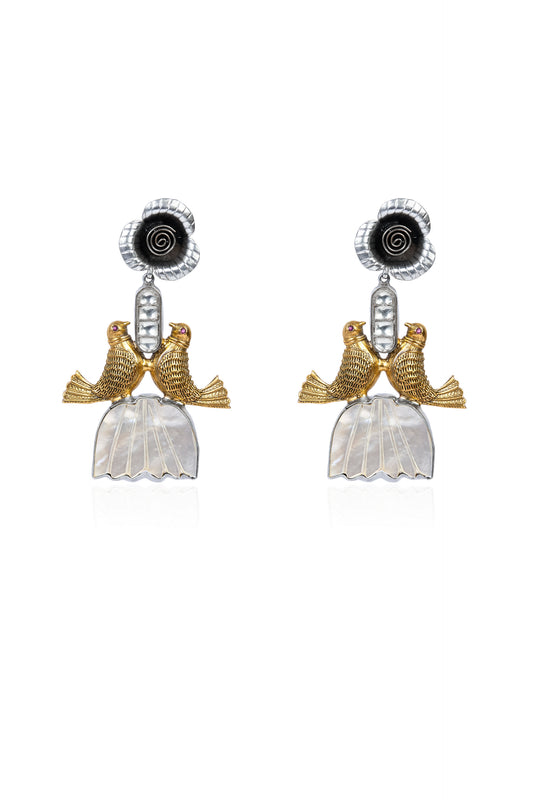 Bird & Floral Design 925 Silver & Gold-Toned Drop Earrings
