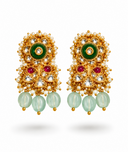 925 Silver Gold Plated Kundan & Mint Green Bead Earrings