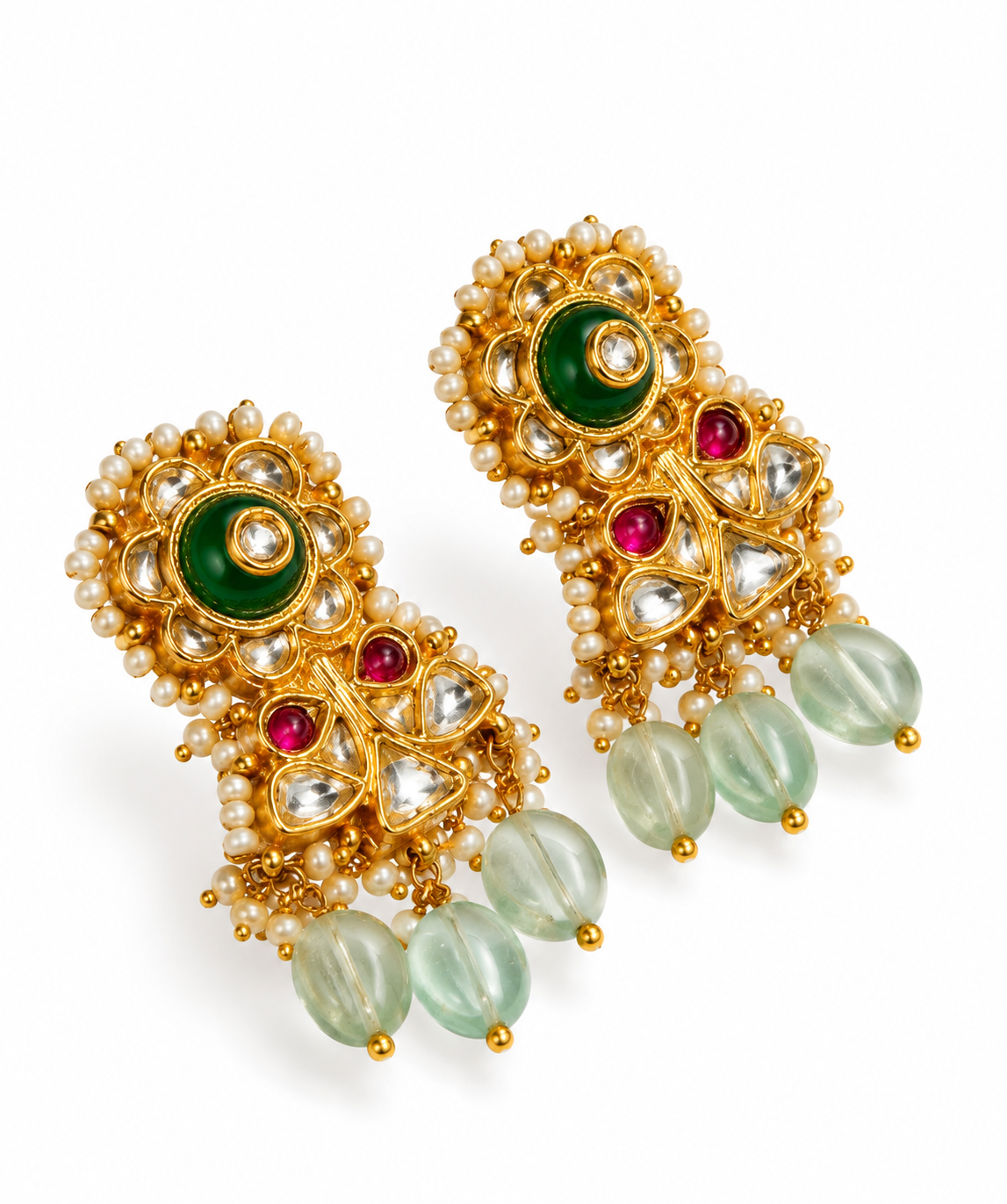 925 Silver Gold Plated Kundan & Mint Green Bead Earrings