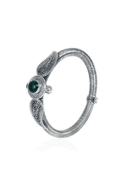 Oxidised Kada with Green Stone & Coiled Design
