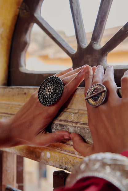 Ornate Oxidized Silver Oval Statement Ring with White Stones