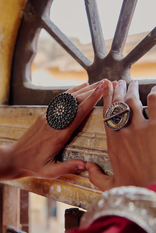 Ornate Oxidized Silver Oval Statement Ring with White Stones